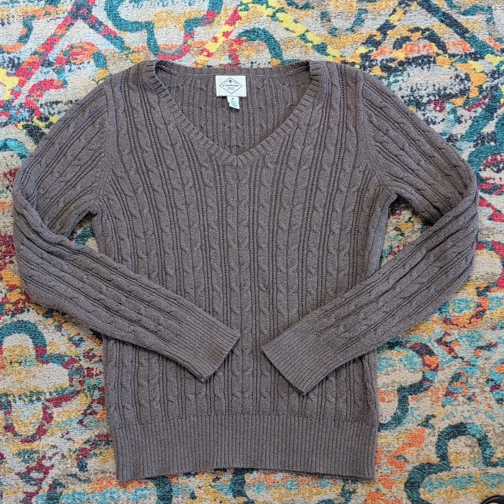St John's Bay Taupe Cable Knit V-Neck Sweater Medium